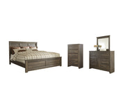 Juararo King Panel Bed with Mirrored Dresser and Chest in Dark Brown - PKG004072