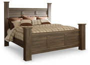 Juararo King Poster Bed with Mirrored Dresser and Nightstand in Dark Brown - PKG014151