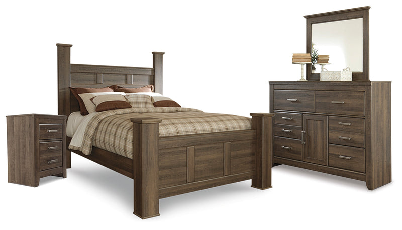 Juararo Queen Poster Headboard with Mirrored Dresser and Nightstand in Dark Brown from Ashley - Lara Furniture