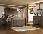 Juararo Queen Poster Headboard with Mirrored Dresser and Nightstand in Dark Brown from Ashley - Lara Furniture