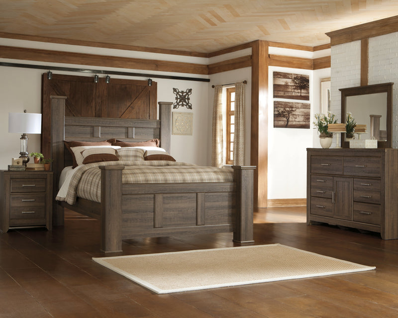 Juararo Queen Poster Headboard with Mirrored Dresser and Nightstand in Dark Brown from Ashley - Lara Furniture