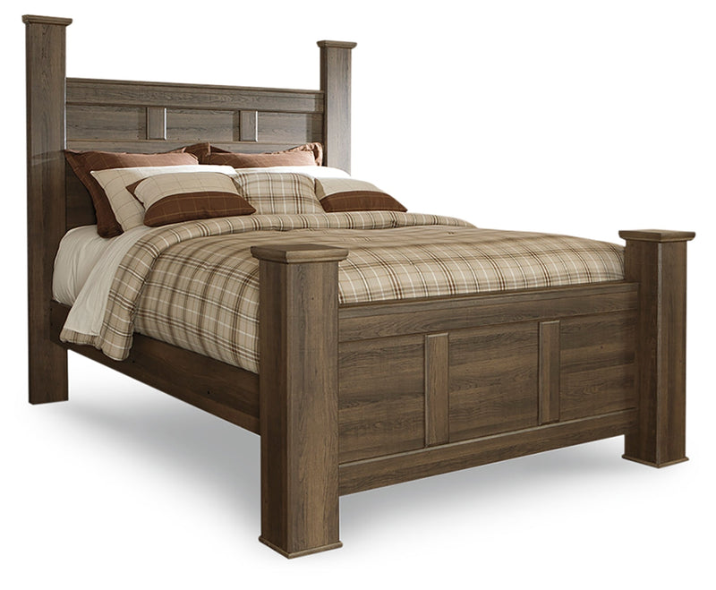 Juararo Queen Poster Headboard with Mirrored Dresser and Nightstand in Dark Brown from Ashley - Lara Furniture