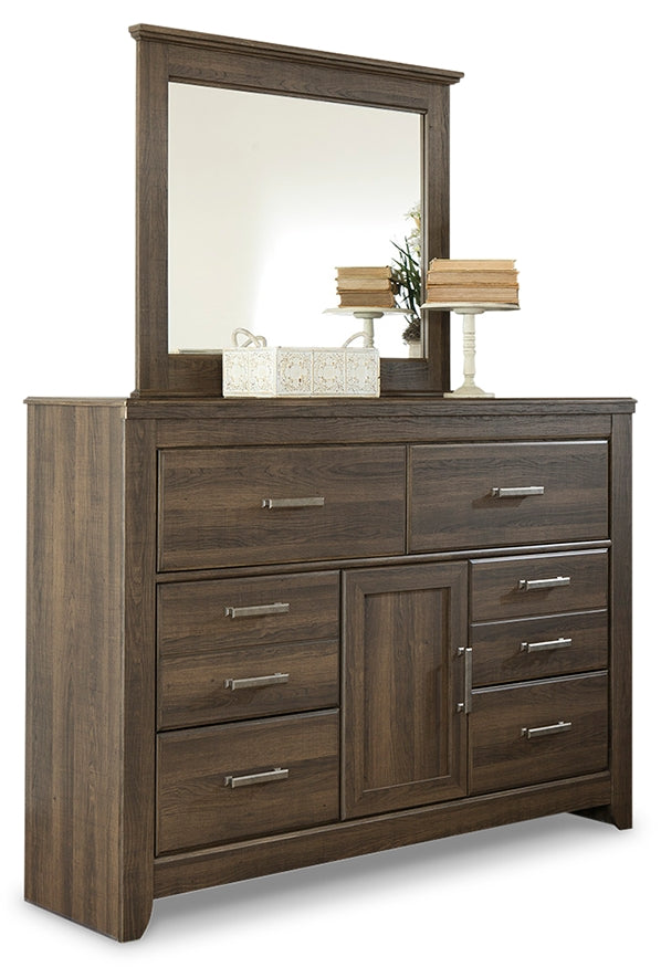 Juararo Queen Poster Headboard with Mirrored Dresser and Nightstand in Dark Brown from Ashley - Lara Furniture