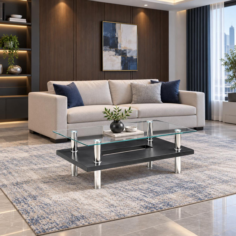 Jubilee - Black Coffee Table with Glass Top, Storage Shelf and Chrome Legs - T522-C Table