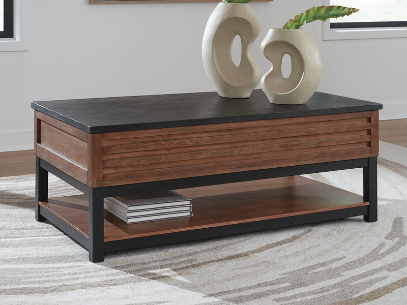 Kallari Warm Brown/Black Lift-Top Coffee Table - T737-9