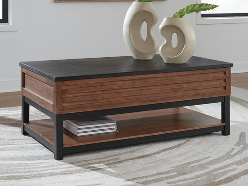 Kallari Warm Brown/Black Lift-Top Coffee Table - T737-9