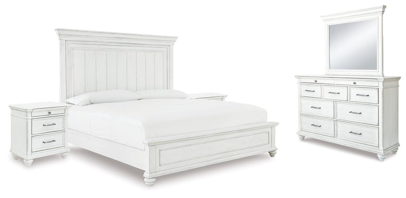 Kanwyn King Panel Bed with Mirrored Dresser and 2 Nightstands in Whitewash - PKG007948