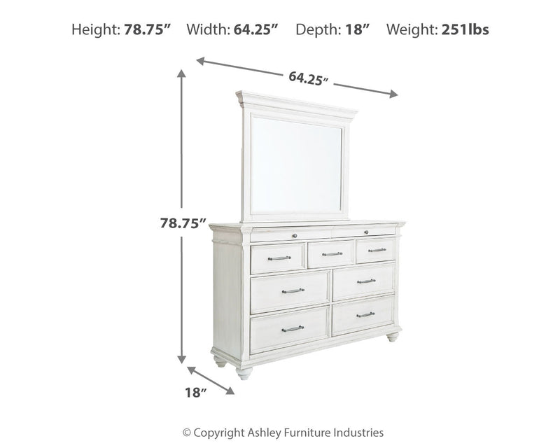 Kanwyn Queen Panel Bed with Storage with Mirrored Dresser in Whitewash from Ashley - Lara Furniture