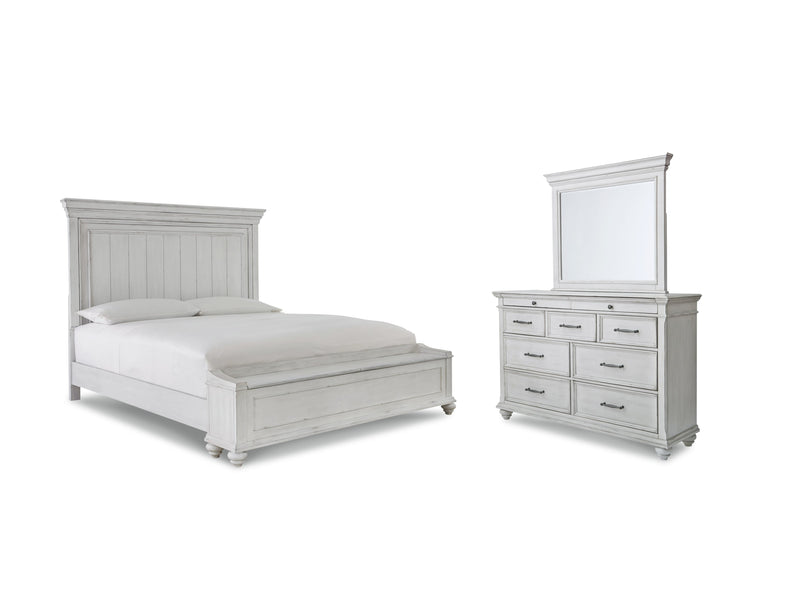 Kanwyn Queen Panel Bed with Storage with Mirrored Dresser in Whitewash from Ashley - Lara Furniture