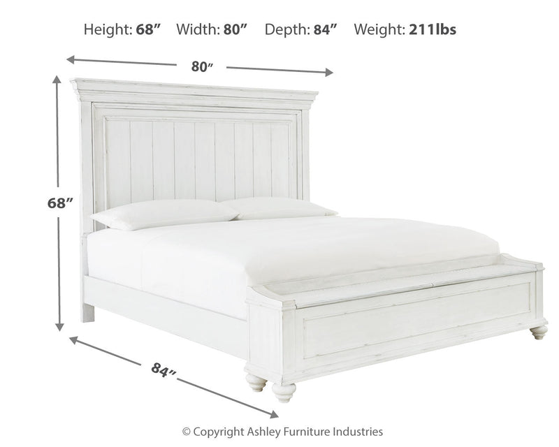 Kanwyn Queen Panel Bed with Storage with Mirrored Dresser in Whitewash from Ashley - Lara Furniture