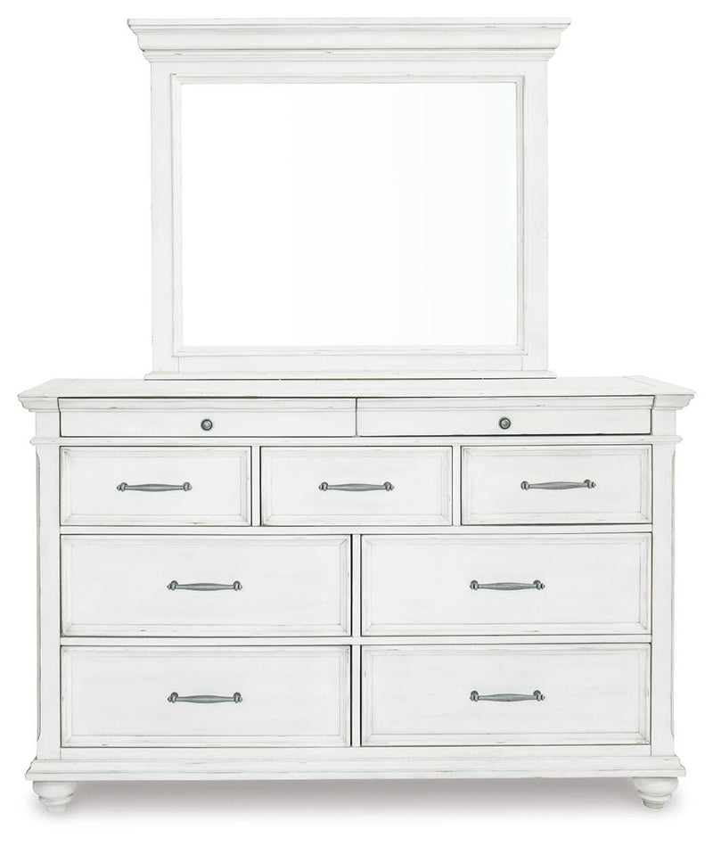 Kanwyn Whitewash Cal King Upholstered Panel Bed, Dresser, Mirror and Chest - B777B23