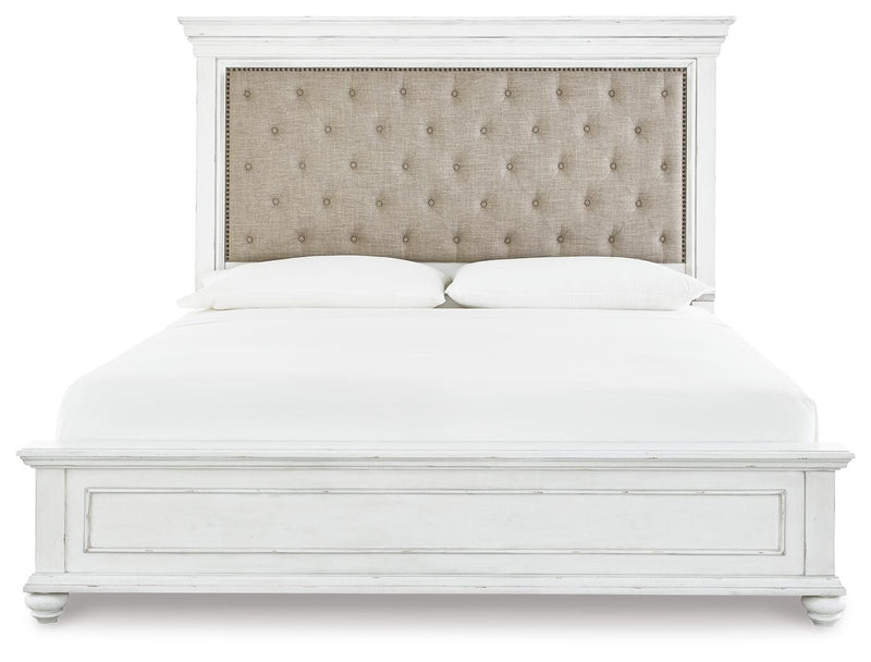 Kanwyn Whitewash Cal King Upholstered Panel Bed, Dresser, Mirror and Chest - B777B23