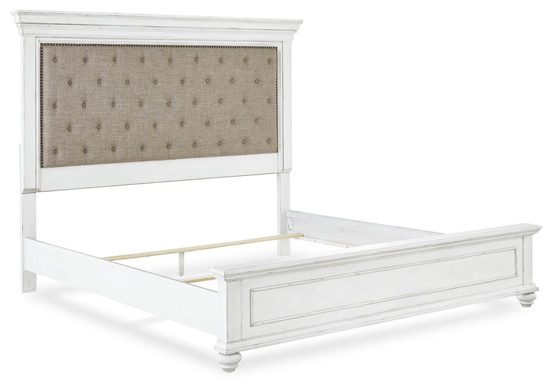 Kanwyn Whitewash Cal King Upholstered Panel Bed, Dresser, Mirror and Chest - B777B23