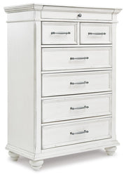 Kanwyn Whitewash Cal King Upholstered Panel Bed, Dresser, Mirror and Chest - B777B23
