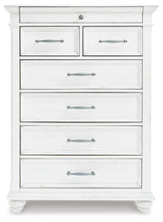 Kanwyn Whitewash Cal King Upholstered Panel Bed, Dresser, Mirror and Chest - B777B23