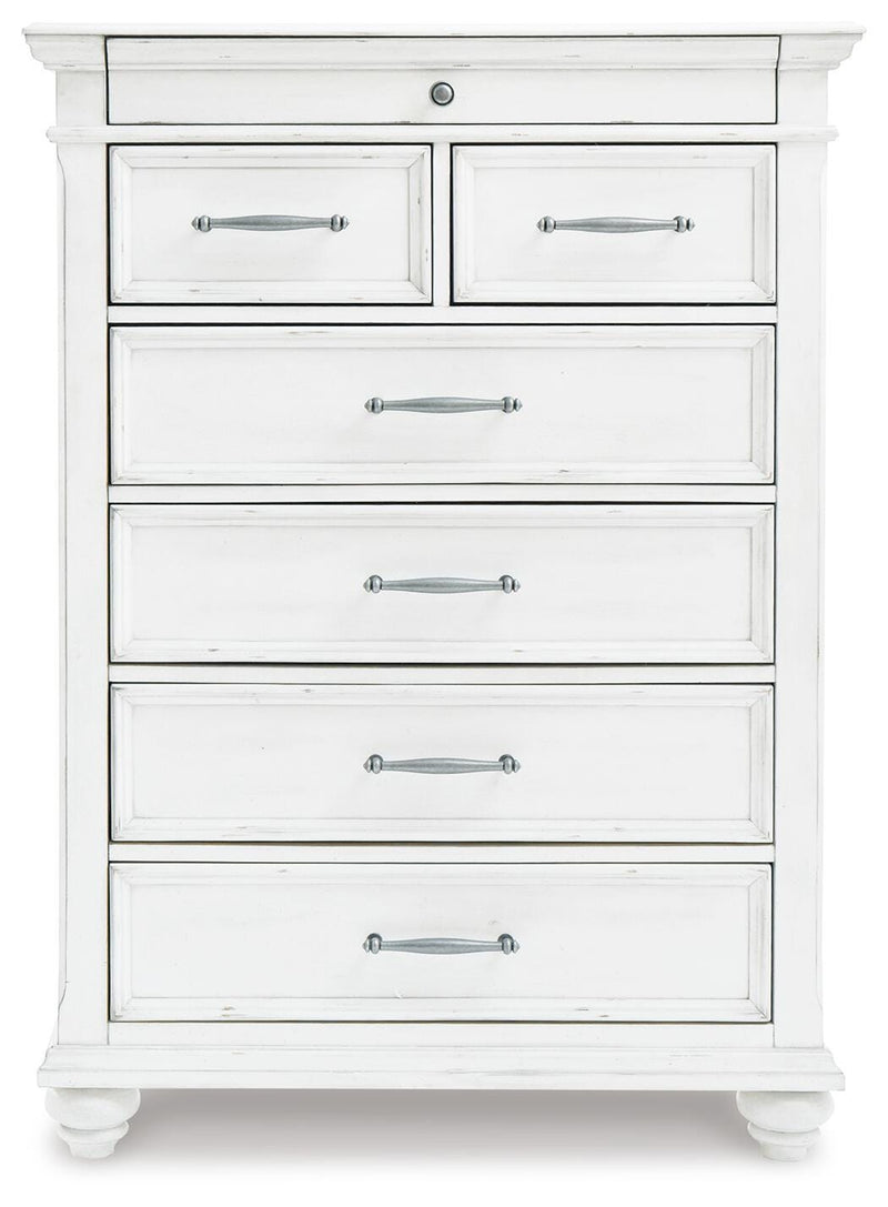 Kanwyn Whitewash Cal King Upholstered Panel Bed, Dresser, Mirror and Chest - B777B23