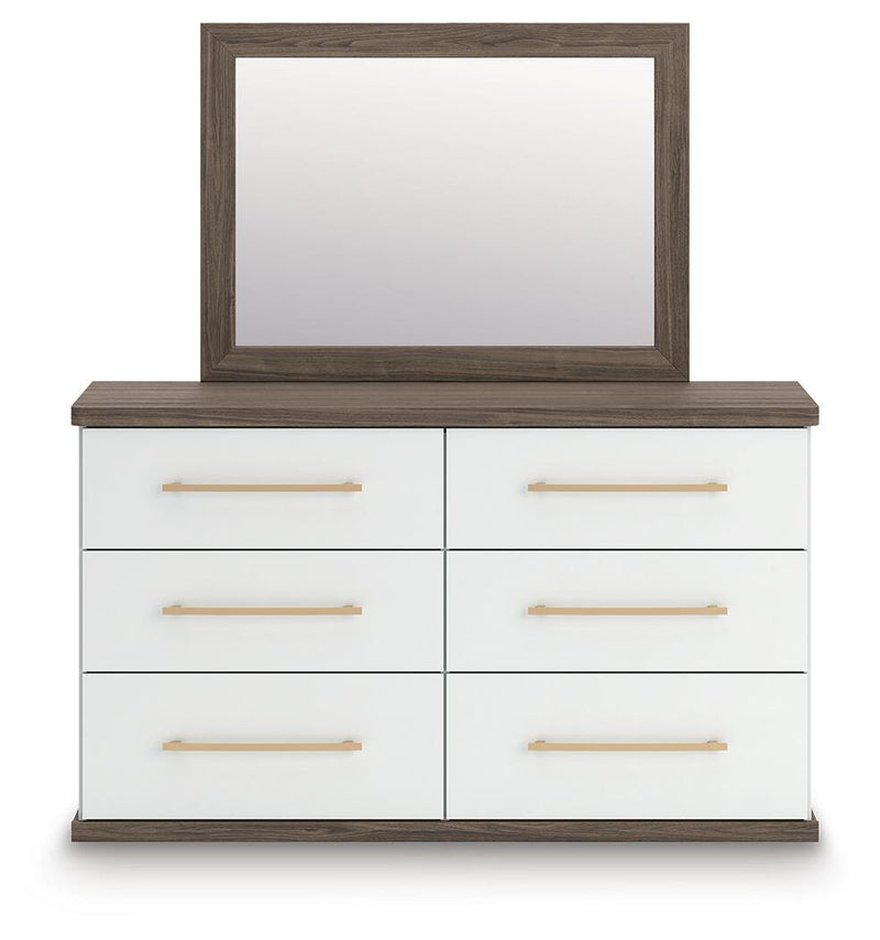 Kendanport White/Brown Queen Upholstered Bed, Dresser, Mirror and Nightstand - PCB1108B10
