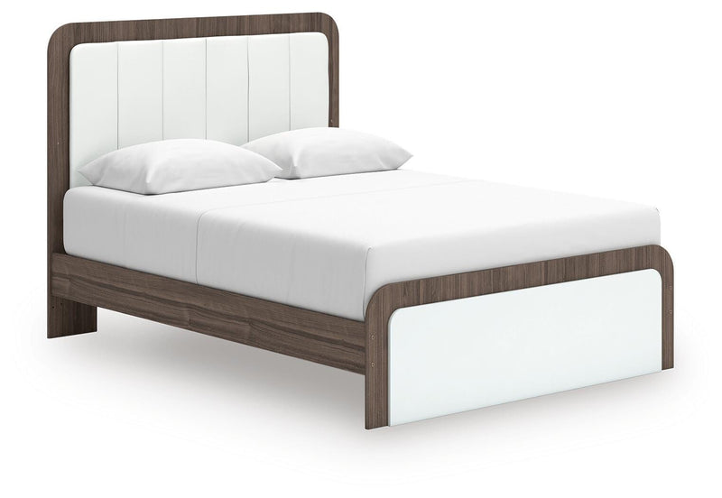 Kendanport White/Brown Queen Upholstered Bed, Dresser, Mirror and Nightstand - PCB1108B10