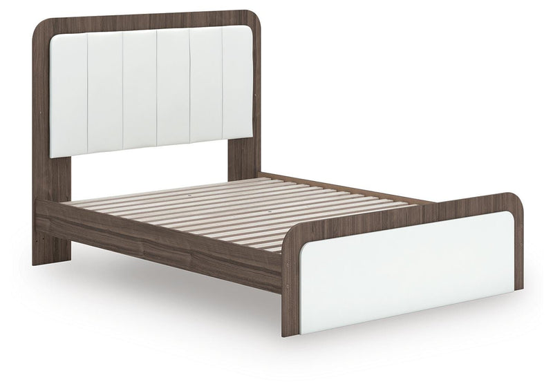 Kendanport White/Brown Queen Upholstered Bed, Dresser, Mirror and Nightstand - PCB1108B10