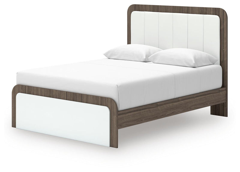 Kendanport White/Brown Queen Upholstered Bed, Dresser, Mirror and Nightstand - PCB1108B10