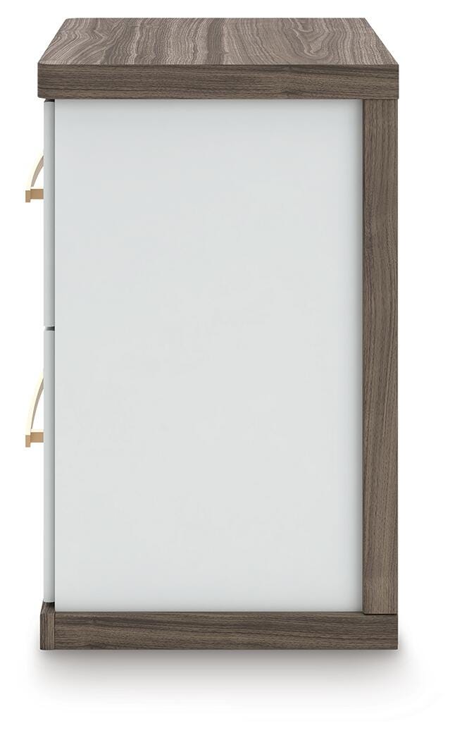 Kendanport White/Brown Queen Upholstered Bed, Dresser, Mirror and Nightstand - PCB1108B10