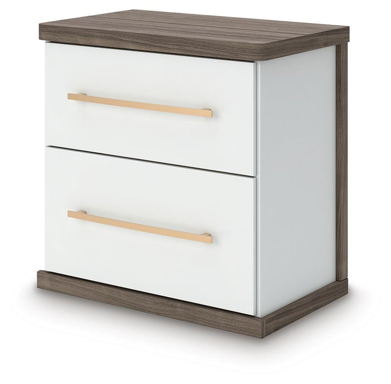 Kendanport White/Brown Queen Upholstered Bed, Dresser, Mirror and Nightstand - PCB1108B10