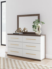 Kendanport White/Brown Queen Upholstered Bed, Dresser, Mirror and Nightstand - PCB1108B10