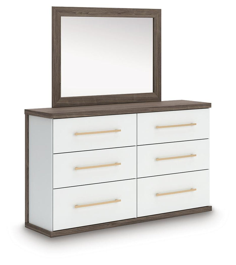 Kendanport White/Brown Queen Upholstered Bed, Dresser, Mirror and Nightstand - PCB1108B10