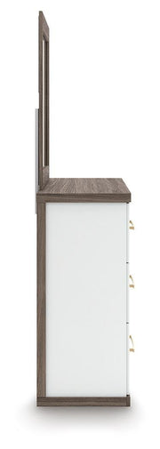 Kendanport White/Brown Queen Upholstered Bed, Dresser, Mirror and Nightstand - PCB1108B10