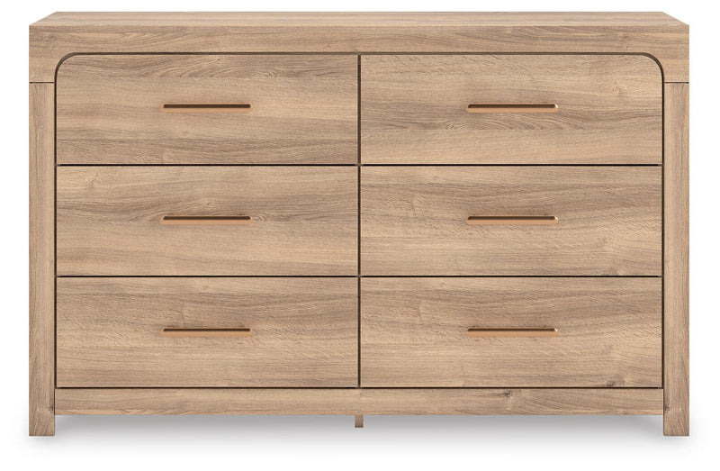 Kinlanni King Upholstered Panel Bed, Dresser and Nightstand in Tan - PKG023890