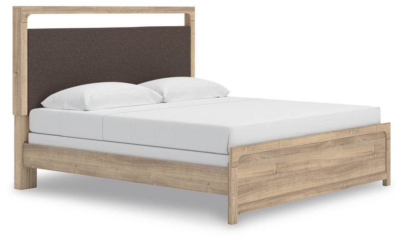 Kinlanni King Upholstered Panel Bed, Dresser and Nightstand in Tan - PKG023890