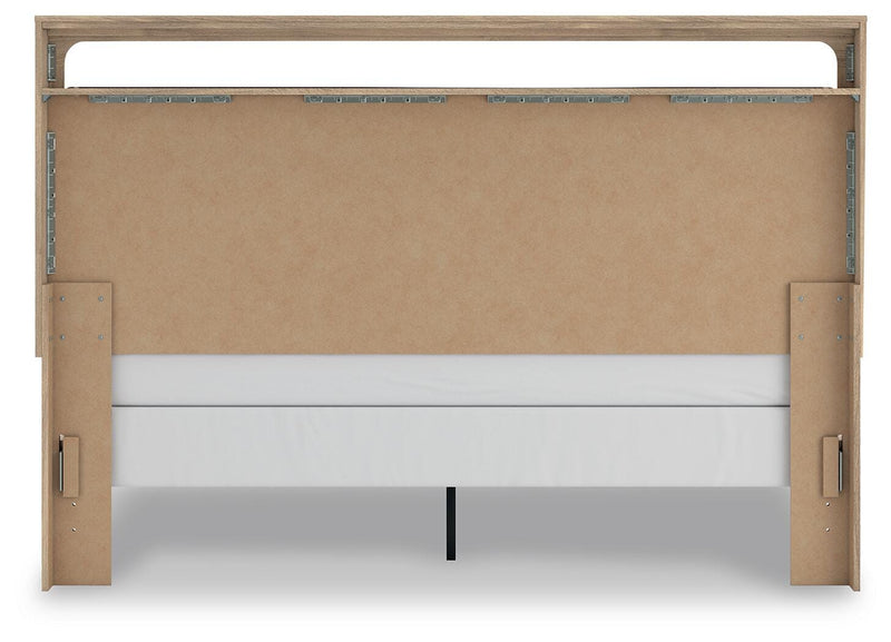 Kinlanni King Upholstered Panel Bed, Dresser and Nightstand in Tan - PKG023890