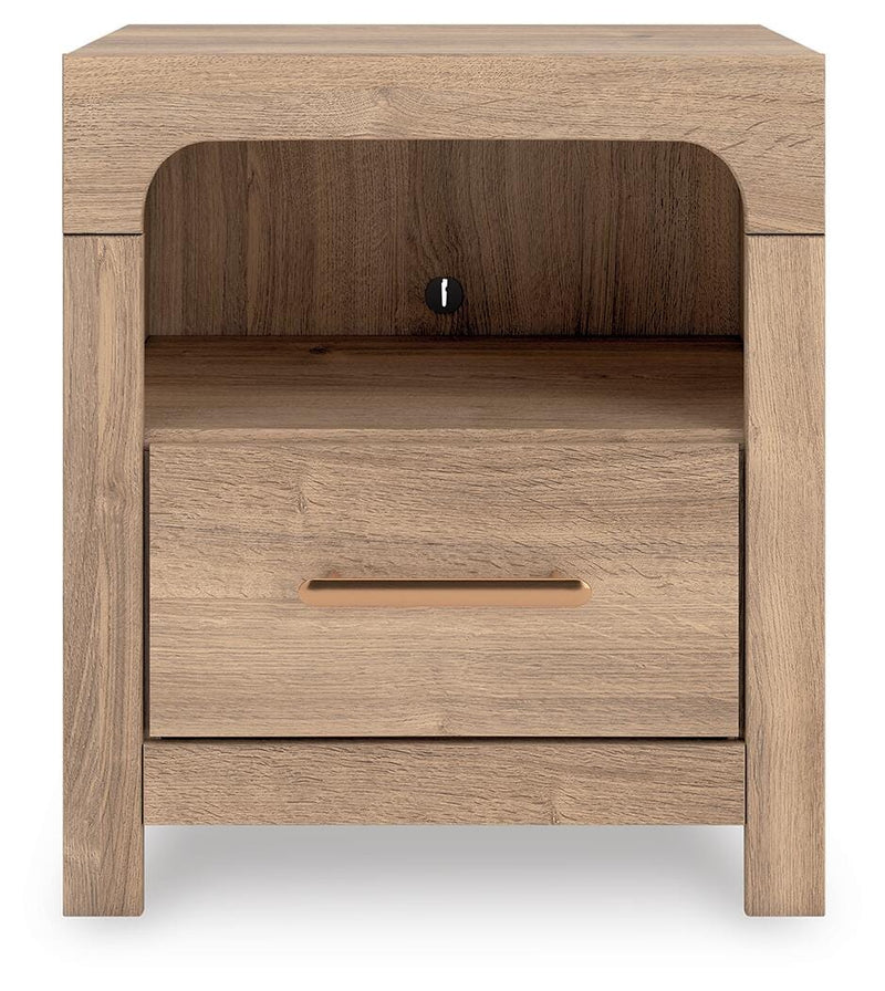 Kinlanni King Upholstered Panel Bed, Dresser and Nightstand in Tan - PKG023890