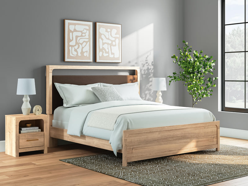 Kinlanni King Upholstered Panel Bed, Dresser and Nightstand in Tan - PKG023890