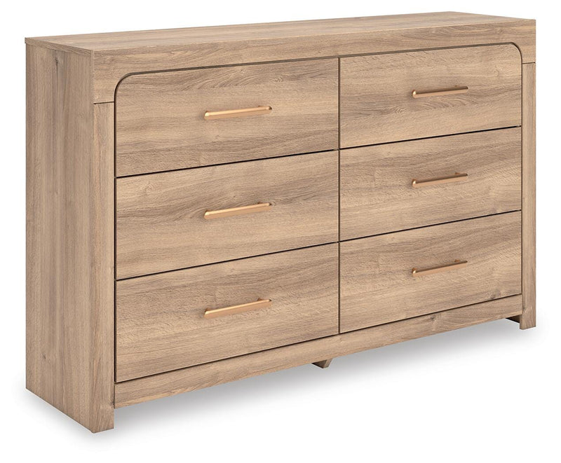 Kinlanni King Upholstered Panel Bed, Dresser and Nightstand in Tan - PKG023890