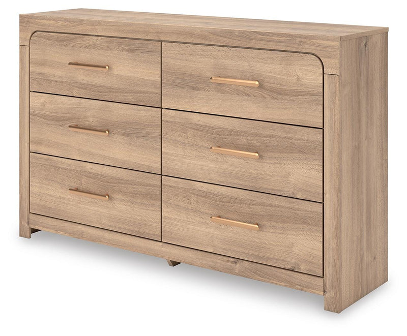 Kinlanni King Upholstered Panel Bed, Dresser and Nightstand in Tan - PKG023890