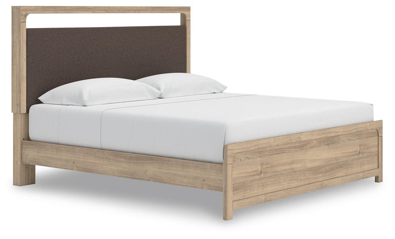 Kinlanni King Upholstered Platform Bed, Dresser and Nightstand in Tan - PKG023900