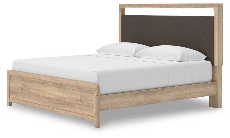 Kinlanni King Upholstered Platform Bed, Dresser and Nightstand in Tan - PKG023900
