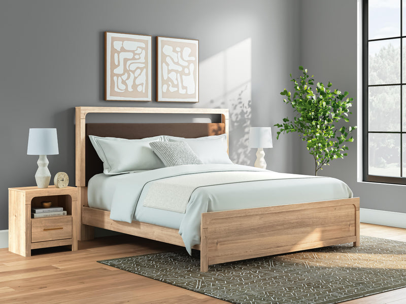 Kinlanni King Upholstered Platform Bed, Dresser and Nightstand in Tan - PKG023900