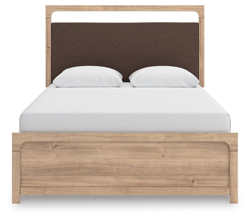 Kinlanni Queen Upholstered Panel Bed, Dresser and Nightstand in Tan - PKG023885