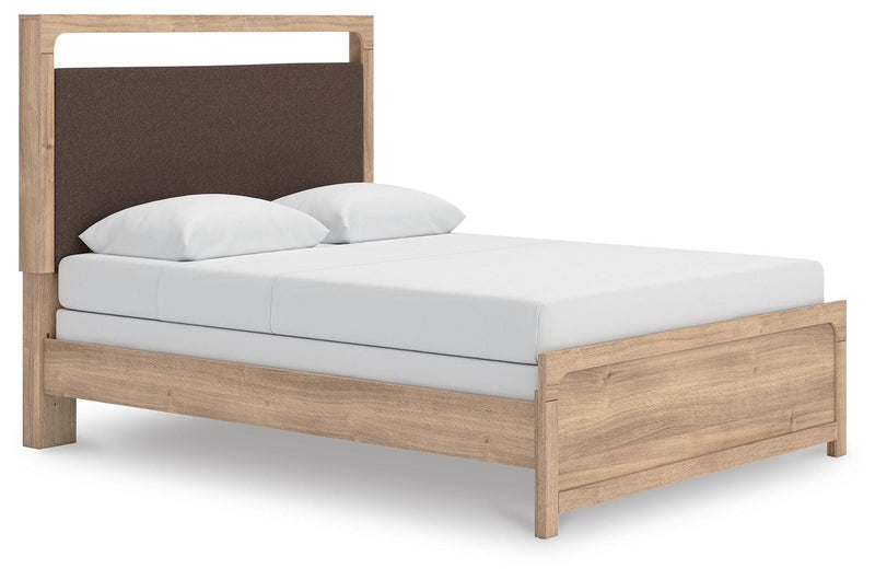 Kinlanni Queen Upholstered Panel Bed, Dresser and Nightstand in Tan - PKG023885