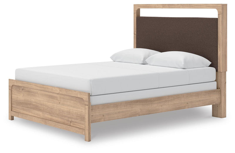 Kinlanni Queen Upholstered Panel Bed, Dresser and Nightstand in Tan - PKG023885