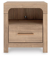 Kinlanni Queen Upholstered Panel Bed, Dresser and Nightstand in Tan - PKG023885