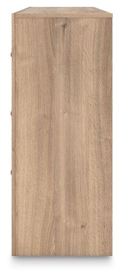 Kinlanni Queen Upholstered Panel Bed, Dresser and Nightstand in Tan - PKG023885
