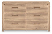 Kinlanni Queen Upholstered Platform Bed, Dresser and Nightstand in Tan - PKG023895