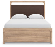 Kinlanni Queen Upholstered Platform Bed, Dresser and Nightstand in Tan - PKG023895