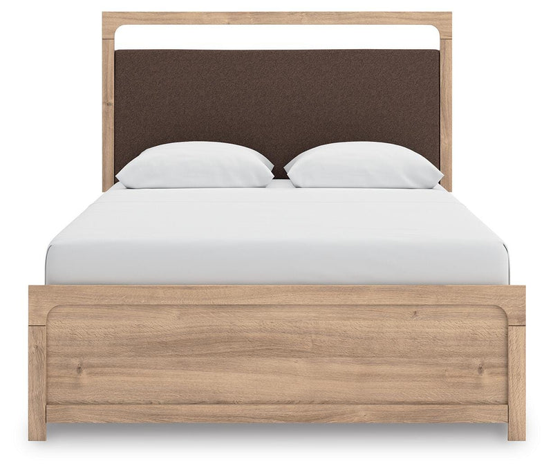 Kinlanni Queen Upholstered Platform Bed, Dresser and Nightstand in Tan - PKG023895