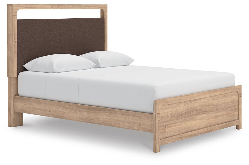 Kinlanni Queen Upholstered Platform Bed, Dresser and Nightstand in Tan - PKG023895