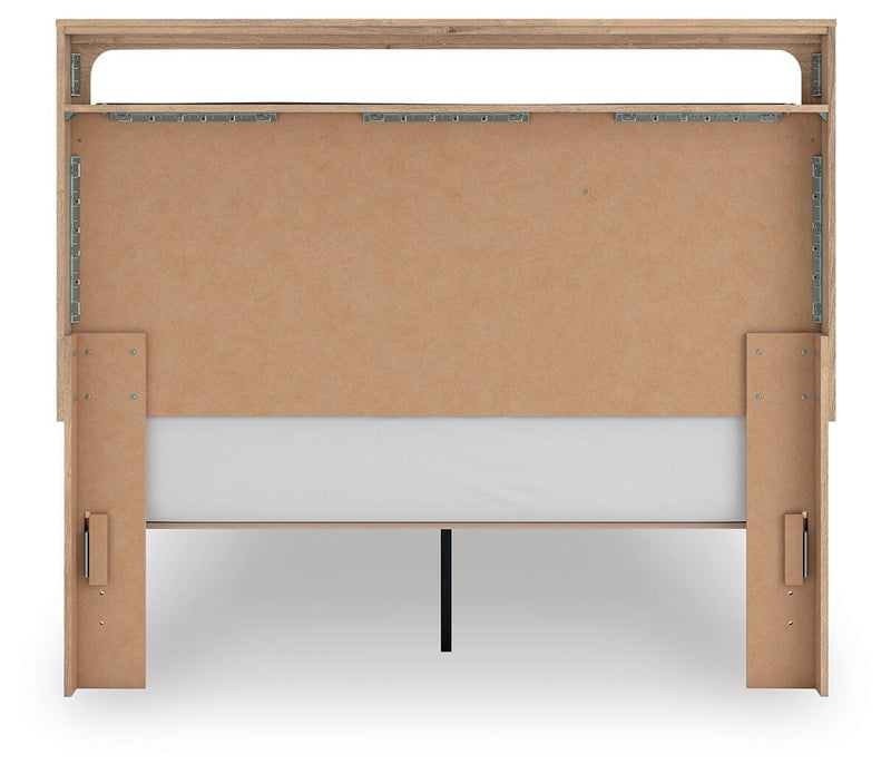 Kinlanni Queen Upholstered Platform Bed, Dresser and Nightstand in Tan - PKG023895