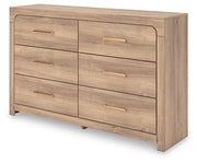 Kinlanni Queen Upholstered Platform Bed, Dresser and Nightstand in Tan - PKG023895